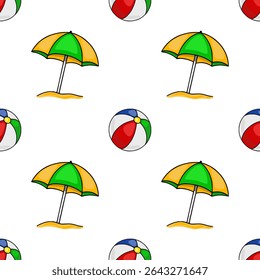 Seamless vector pattern of vibrant beach umbrellas and multicolored beach balls on a white background, creating a cheerful summer vibe.
