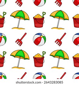 Seamless vector pattern of vibrant beach toys: beach ball, pail, shovel, rake and beach umbrella on white background, ideal for summer-themed designs.
