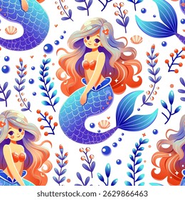 Seamless vector pattern of vibrant cartoon mermaids surrounded by underwater plants, seashells, coral, bubbles, and fish in a whimsical and colorful marine design