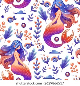 Seamless vector pattern of vibrant cartoon mermaids surrounded by underwater plants, seashells, coral, bubbles, and fish in a whimsical and colorful marine design