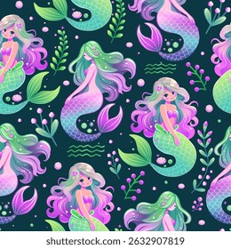 Seamless vector pattern of vibrant cartoon mermaids surrounded by underwater plants, seashells, coral, bubbles, and fish in a whimsical and colorful marine design