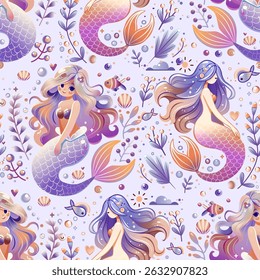 Seamless vector pattern of vibrant cartoon mermaids surrounded by underwater plants, seashells, coral, bubbles, and fish in a whimsical and colorful marine design