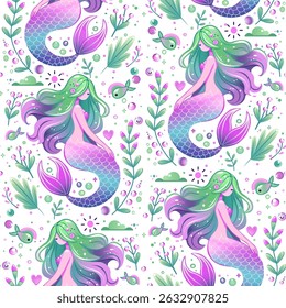 Seamless vector pattern of vibrant cartoon mermaids surrounded by underwater plants, seashells, coral, bubbles, and fish in a whimsical and colorful marine design