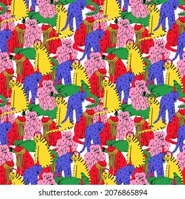 seamless vector pattern - vibrant colorful tigers.Celebrating new year and christmas.Hand drawn psychedelic striped tigers in festive caps.Social media wallpaper for 2022.Animal trendy background