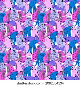 seamless vector pattern - vibrant colorful blue tigers.Celebrating new year and christmas.Hand drawn psychedelic striped tigers in festive caps.Social media wallpaper for 2022.Animal trendy background