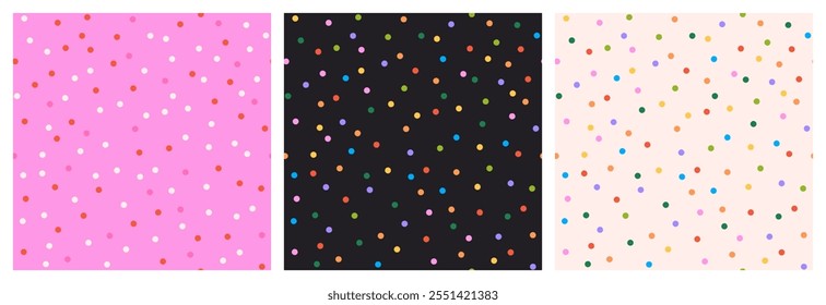 Seamless vector pattern with vibrant, colorful confetti graphics scattered across the design. Fun, cheerful illustrations, celebratory theme.