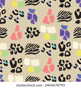 Seamless vector pattern. A vibrant design featuring a colorful leopard and zebra print background. This textile art combines patterns in green blue and pink hues, creating a visually striking art