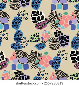 Seamless vector pattern. A vibrant design featuring a colorful leopard and zebra print background. This textile art combines patterns in green blue and pink hues, creating a visually striking art