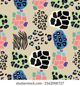 Seamless vector pattern. A vibrant design featuring a colorful leopard and zebra print background. This textile art combines patterns in green blue and pink hues, creating a visually striking art