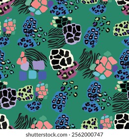 Seamless vector pattern. A vibrant design featuring a colorful leopard and zebra print background. This textile art combines patterns in green blue and pink hues, creating a visually striking art