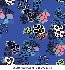 Seamless vector pattern. A vibrant design featuring a colorful leopard and zebra print background. This textile art combines patterns in green blue and pink hues, creating a visually striking art