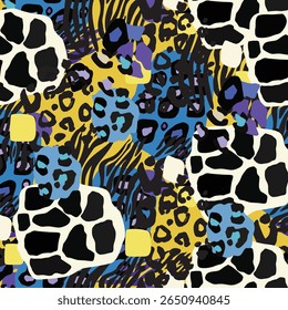 Seamless vector pattern. A vibrant design featuring a colorful leopard and zebra print background. This textile art combines patterns in green blue and pink hues, creating a visually striking art