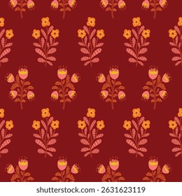 Seamless vector pattern with vibrant flowers on a bright pink background. Colorful and lively floral design ideal for fabric, gift wrap, wallpaper, and cheerful decorative projects.