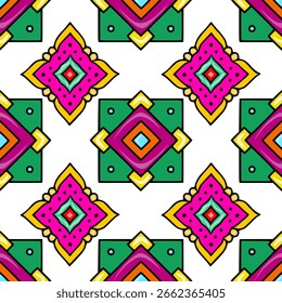 Seamless vector pattern with vibrant geometric shapes and floral elements, featuring a unique blend of bold fuchsia, emerald green, and sunny yellow hues, creating an energetic and playful design i...