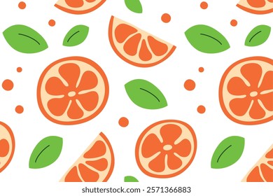 Seamless vector pattern with vibrant orange slices, half slices, green leaves, and decorative dots. Ideal for backgrounds, packaging, and fresh, fruity designs, tropical resort and summer vibes