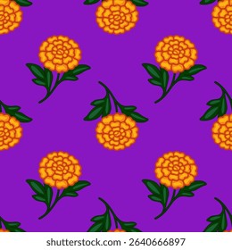 Seamless vector pattern of vibrant orange marigolds with dark green leaves on a rich purple background, creating a festive and stylized floral design perfect for Day of the Dead celebrations or aut...