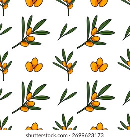 Patrón de Vector sin fisuras de bayas de espino cerval de mar naranja vibrante en ramas verdes, con un fondo blanco limpio, evocando una estética fresca y natural para proyectos de diseño.