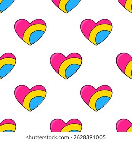 Seamless vector pattern of vibrant pink, yellow, and blue hearts, creating a playful and cheerful design ideal for textiles, packaging, or digital projects.