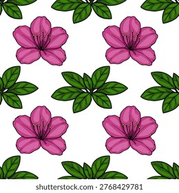 Seamless vector pattern of vibrant pink rhododendron flowers and lush green leaves on a clean white background.