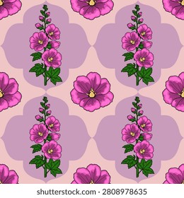 Seamless vector pattern with vibrant pink hollyhock flowers and green leaves on a geometric lilac background