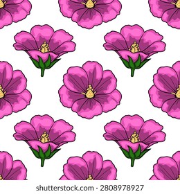 Seamless vector pattern with vibrant pink hollyhock flowers on a clean white background
