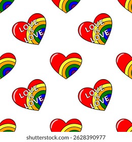 Seamless vector pattern of vibrant rainbow hearts with Love is Love inscription, ideal for Pride Month celebrations or LGBTQ+ themed designs.