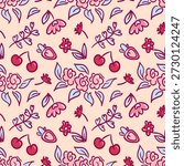 Seamless vector pattern of vibrant red strawberries and cherries with green leaves and stems. Perfect for backgrounds, textiles, and prints. Sweet and juicy summer design.