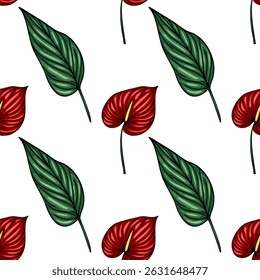 Seamless vector pattern of vibrant red Anthurium flowers and lush green leaves, creating a bold tropical design ideal for textile prints, wallpapers, and surface decorations.