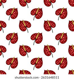 Seamless vector pattern of vibrant red Anthurium flowers with detailed texture and golden spadix, ideal for textile prints, wallpapers, and surface designs.