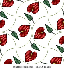 Seamless vector pattern of vibrant red Anthurium flowers and green leaves, arranged in a unique circular design on a white background, perfect for textile prints, wallpapers, and surface designs.