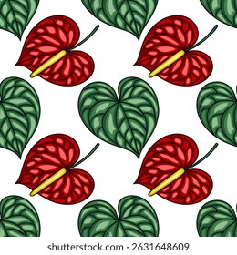 Seamless vector pattern of vibrant red Anthurium flowers and heart-shaped green leaves, ideal for tropical-themed designs and textile prints.