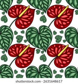 Seamless vector pattern of vibrant red Anthurium flowers and lush green leaves, creating a bold tropical design ideal for textile prints, wallpapers, or packaging.
