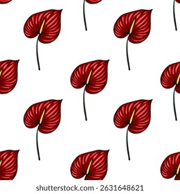 Seamless vector pattern of vibrant red Anthurium flowers with detailed texture and yellow spadix, ideal for tropical-themed designs and textile prints.