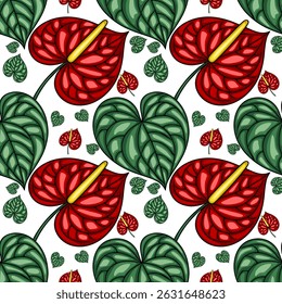 Seamless vector pattern of vibrant red Anthurium flowers and lush green leaves, creating a tropical botanical illustration perfect for textile prints or summer-themed designs.