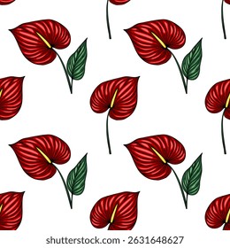 Padrão vetorial contínuo de flores vermelhas vibrantes de antúrio e folhas verdes, um design tropical impressionante ideal para estampas têxteis, papéis de parede e embalagens.