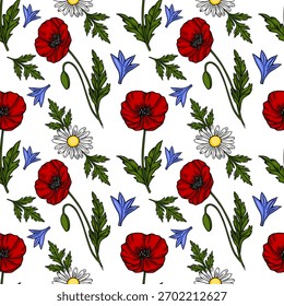 Seamless vector pattern of vibrant red poppies, delicate white daisies, and blue bellflowers with lush green foliage on a clean white background.