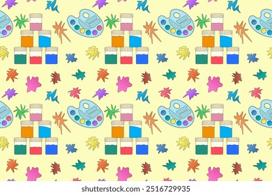 Seamless vector pattern of vibrant school supplies including paint, brushes, and leaves on a playful background. Ideal for back-to-school themes, educational materials, and creative projects.