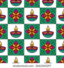 Seamless vector pattern with vibrant teal and purple diya lamps and ornate floral motifs, ideal for festive backgrounds or textile designs.
