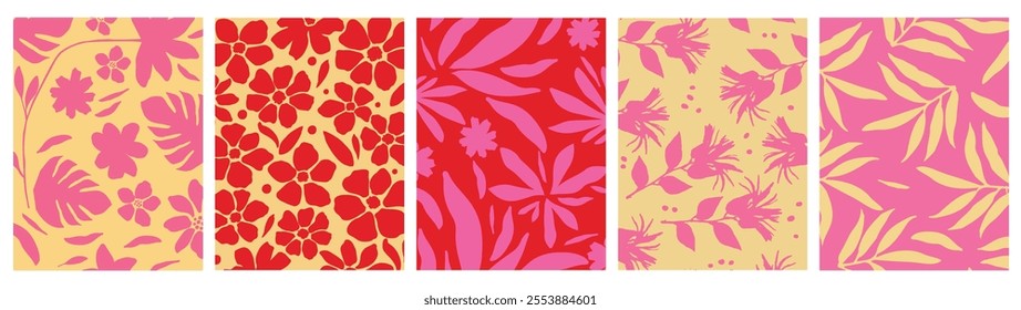 Seamless Vector Pattern of Vibrant Tropical Leaves and Flowers with Pink, Yellow, and Red Hibiscus