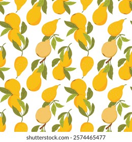 Seamless vector pattern with vibrant yellow pears, accented by green leaves against a clean white background. Ideal for textiles, wallpapers, and digital designs, presenting a lively, fresh feel.