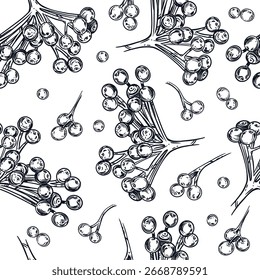Seamless vector pattern of viburnum berries, viburnum bunches, all objects hand-drawn with ink. Vector illustration for printing on fabric, paper, packaging of goods and cosmetics. Vector illustration