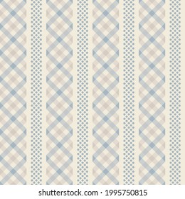 Seamless vector pattern with vichy stripes and polka dot. Abstract geometric design in light blue and beige for spring summer picnic blanket, mug, wallpaper, napkin, handkerchief, other textile.