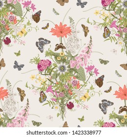 Seamless Vector Pattern With Victorian Bouquet And Butterflies. Garden Flowers.