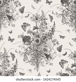 Seamless vector pattern with Victorian bouquet and butterflies. Garden flowers. Black and white