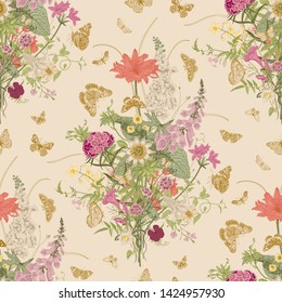 Seamless vector pattern with Victorian bouquet and gold butterflies. Garden flowers. Colorful