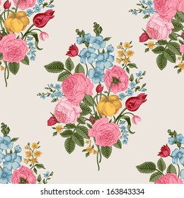 Seamless vector pattern with Victorian bouquet of colorful flowers on a gray background. Pink roses, tulips, blue delphinium.