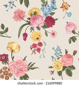 Seamless vector pattern with Victorian bouquet of colorful flowers on a gray background. Pink roses, tulips, blue delphinium.