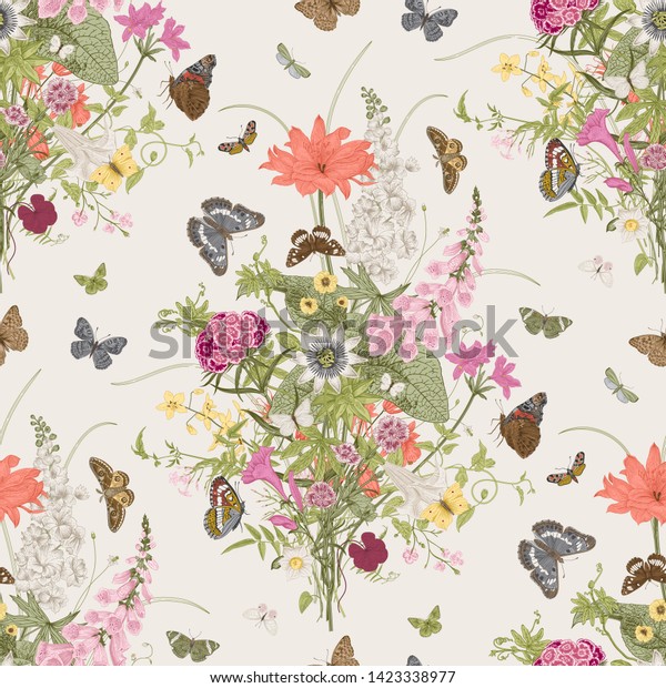 Seamless vector pattern with Victorian bouquet and butterflies. Garden flowers.