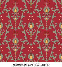 Seamless vector pattern Victorian style wallpaper design on red. Luxury repeat background with abstract flowers and leaves.