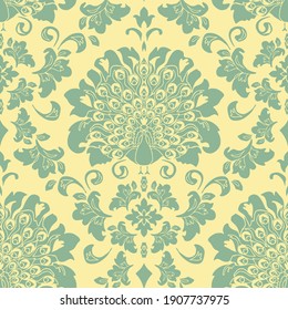 Seamless vector pattern with Victorian style bird wallpaper on soft yellow background. Simple romantic peacock silhouette. Luxury renaissance fashion textile.